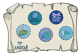 Old map graphic with logos of participating locations for MathFest scavenger hunts